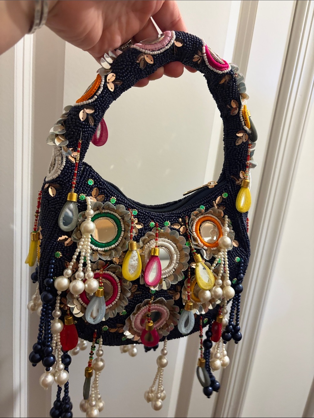 Boho Navy Hand Beaded Shoulder Bag | Colorful Fringe Statement Purse